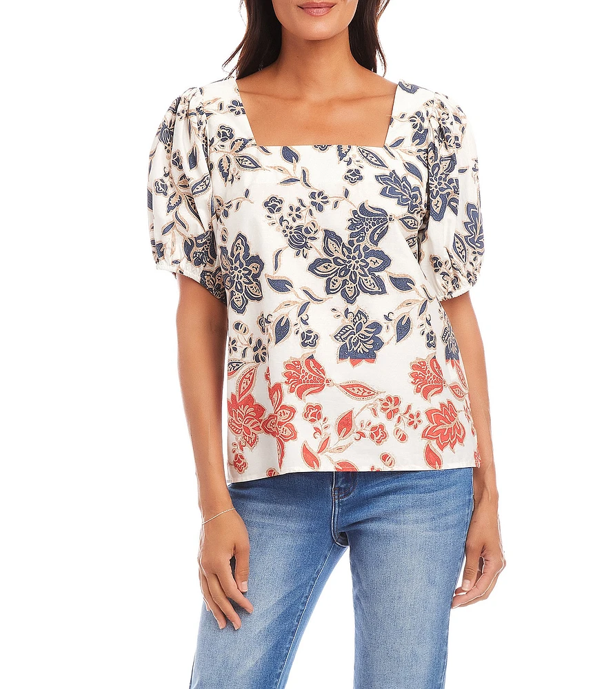Karen Kane Poplin Batik Print Square Neck Puffed Short Sleeve Top