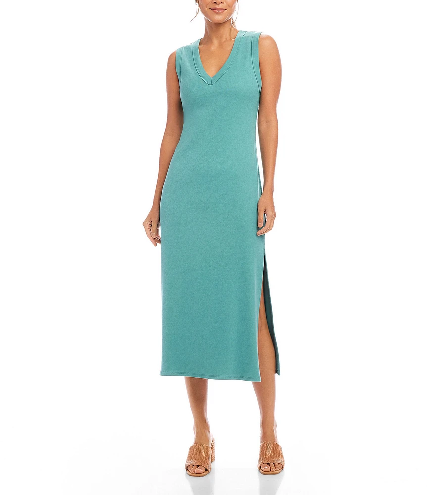 Karen Kane Ribbed Knit V-Neck Sleeveless Midi Dress
