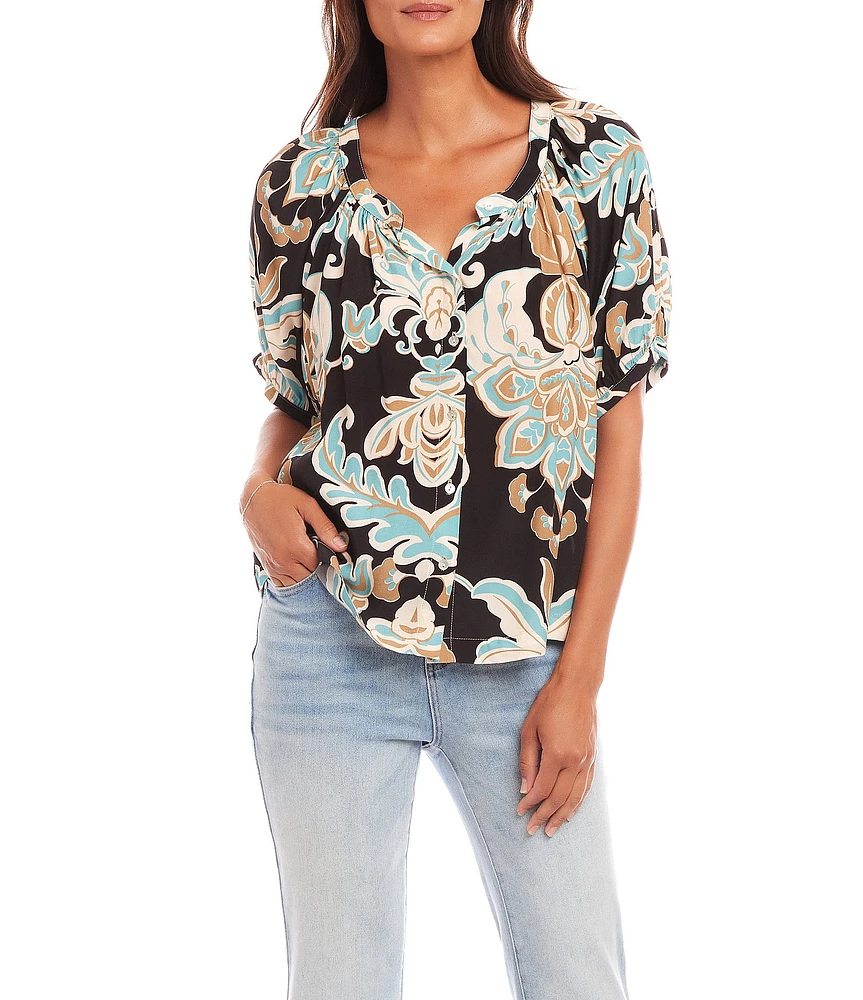 Floral Scoop Neck Short Puff Sleeve Button-Front Peasant Top