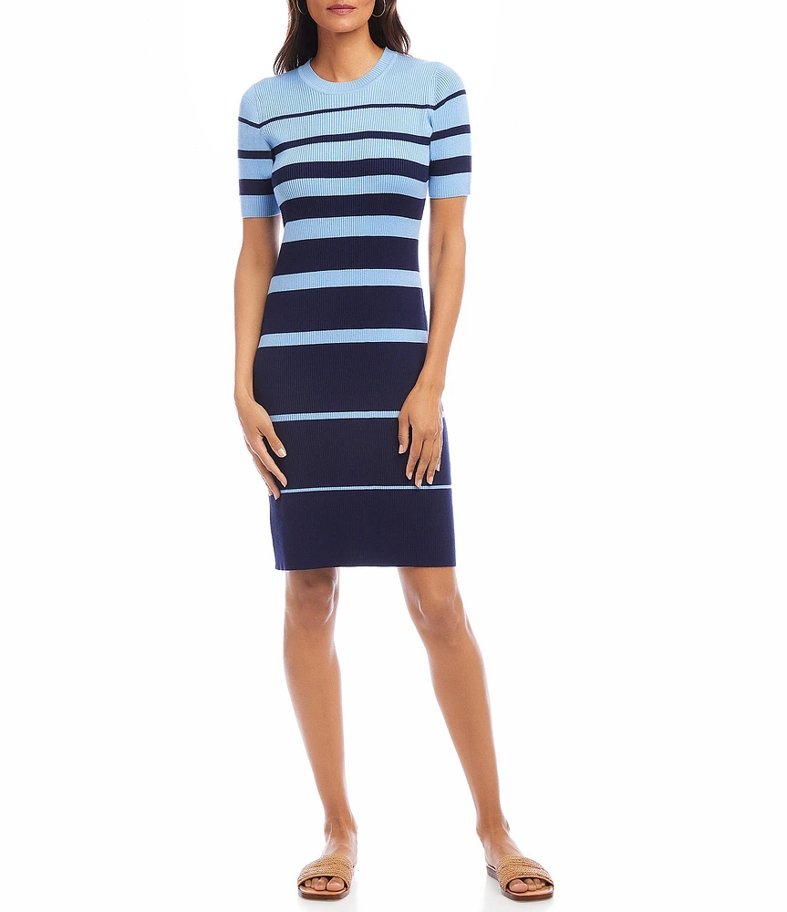 Karen Kane Stripe Ribbed Crew Neck Short Sleeve Sheath Dress