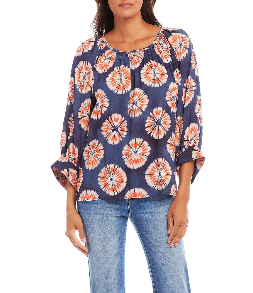 Karen Kane Sunburst Print Boat Neck 3/4 Blouson Sleeve Peasant Top