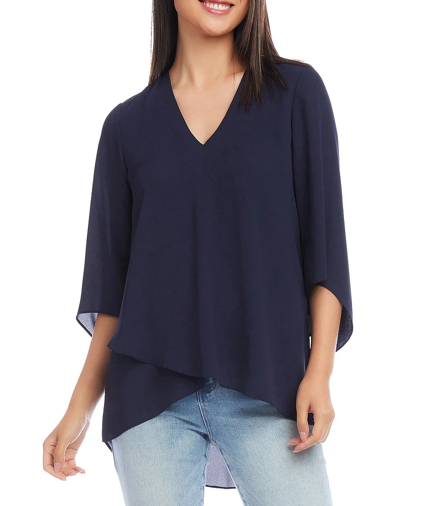 Karen Kane V-Neck 3/4 Sleeve Crossover Hem Silky Crepe Top