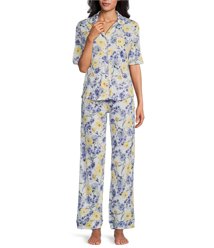 Karen Neuburger Short Sleeve Notch Collar Interlock Knit Floral Print Pajama Set