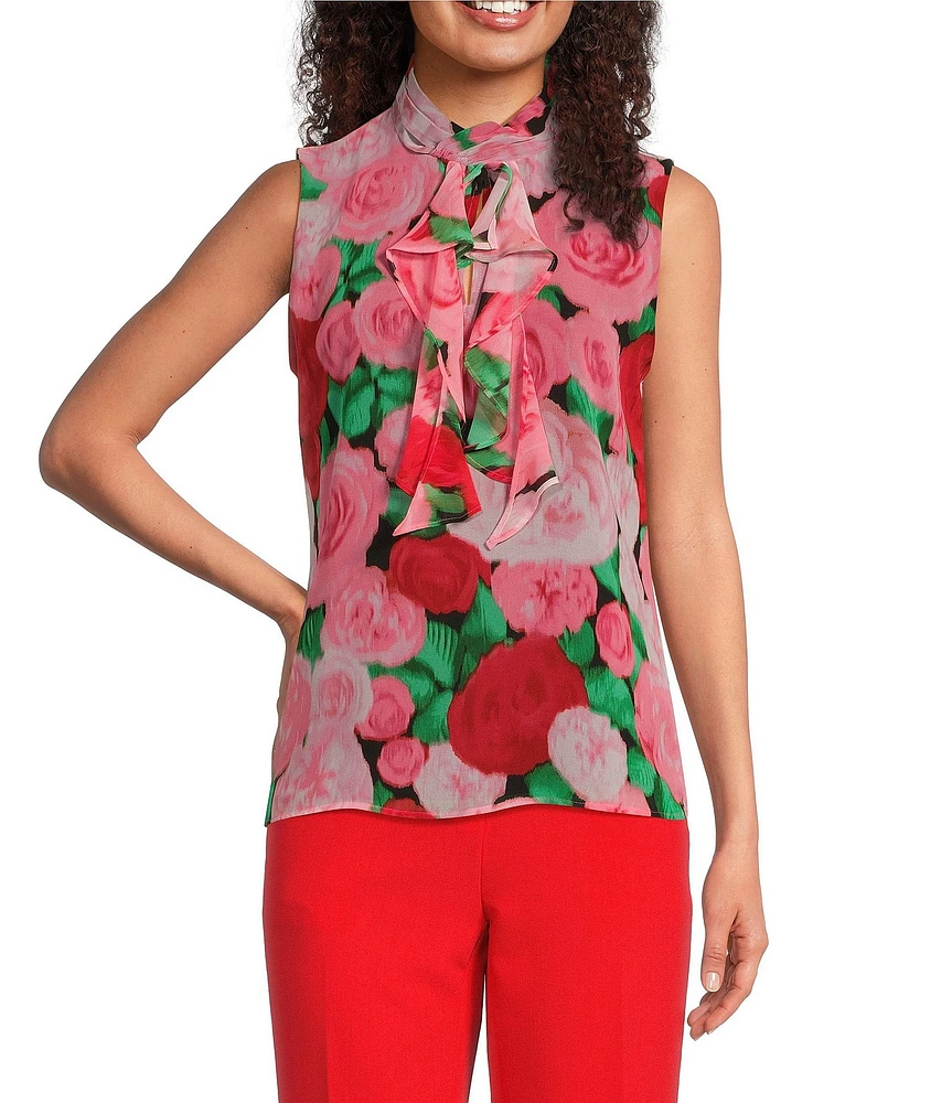 KARL LAGERFELD PARIS Chiffon Floral Print Mock Tie Neck Sleeveless Blouse
