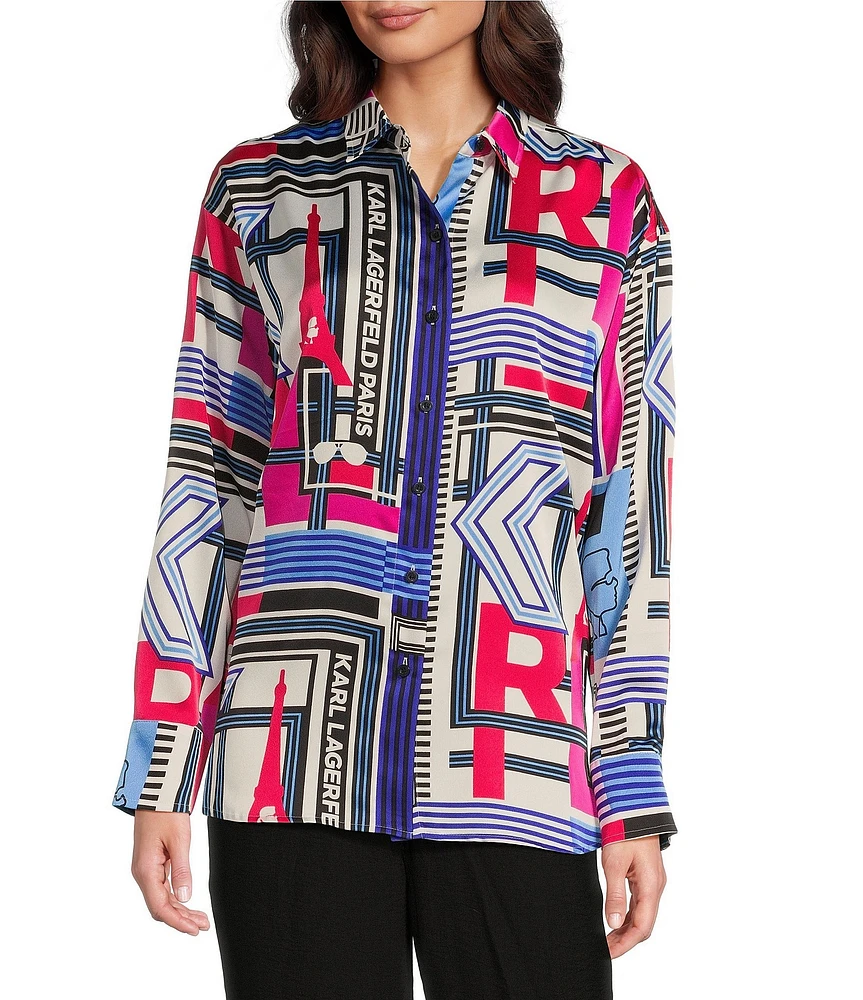 KARL LAGERFELD PARIS Crepe De Chine Abstract Print Point Collar Long Sleeve Button-Front Blouse