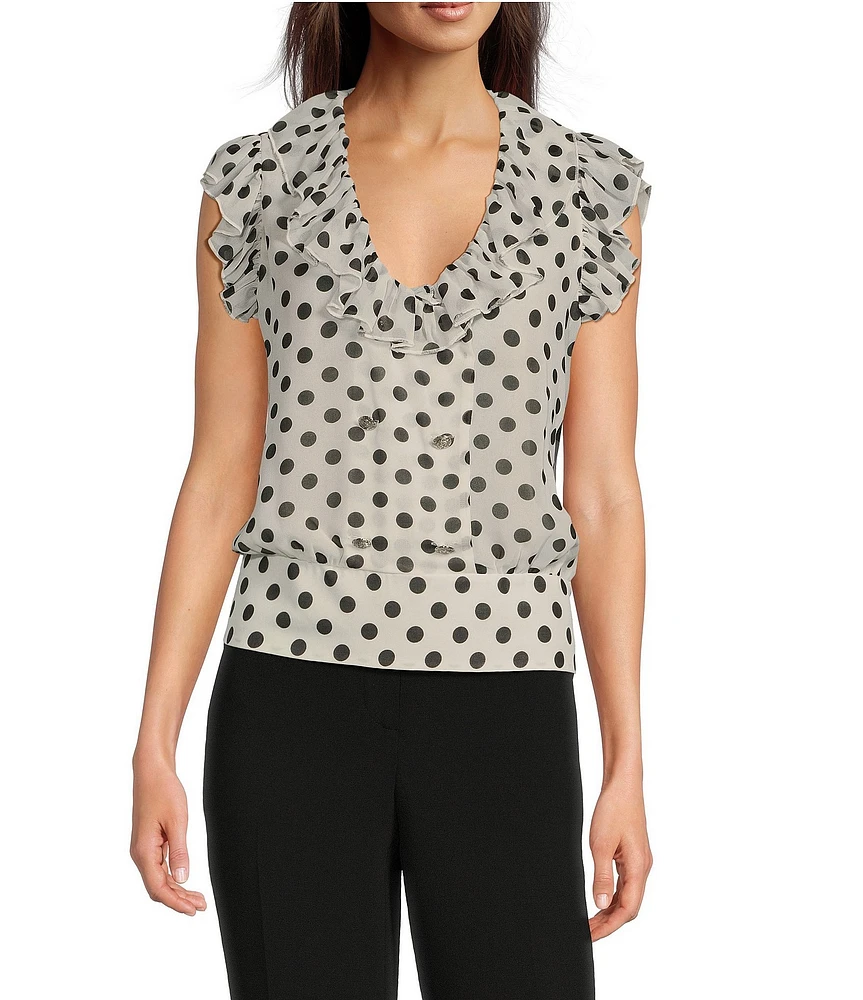 KARL LAGERFELD PARIS Crepe Dotted V-Neck Sleeveless Ruffle Blouse