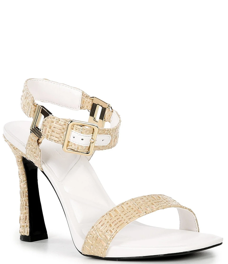 KARL LAGERFELD PARIS Dorcie Raffia Buckle Hardware Ankle Strap Dress Sandals