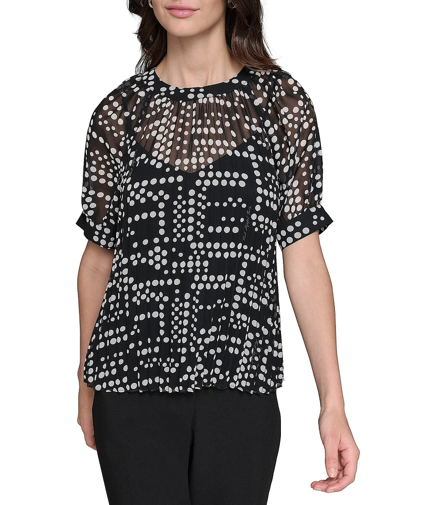 KARL LAGERFELD PARIS Dot Print Pleated Crew Neck Short Sleeve Blouse