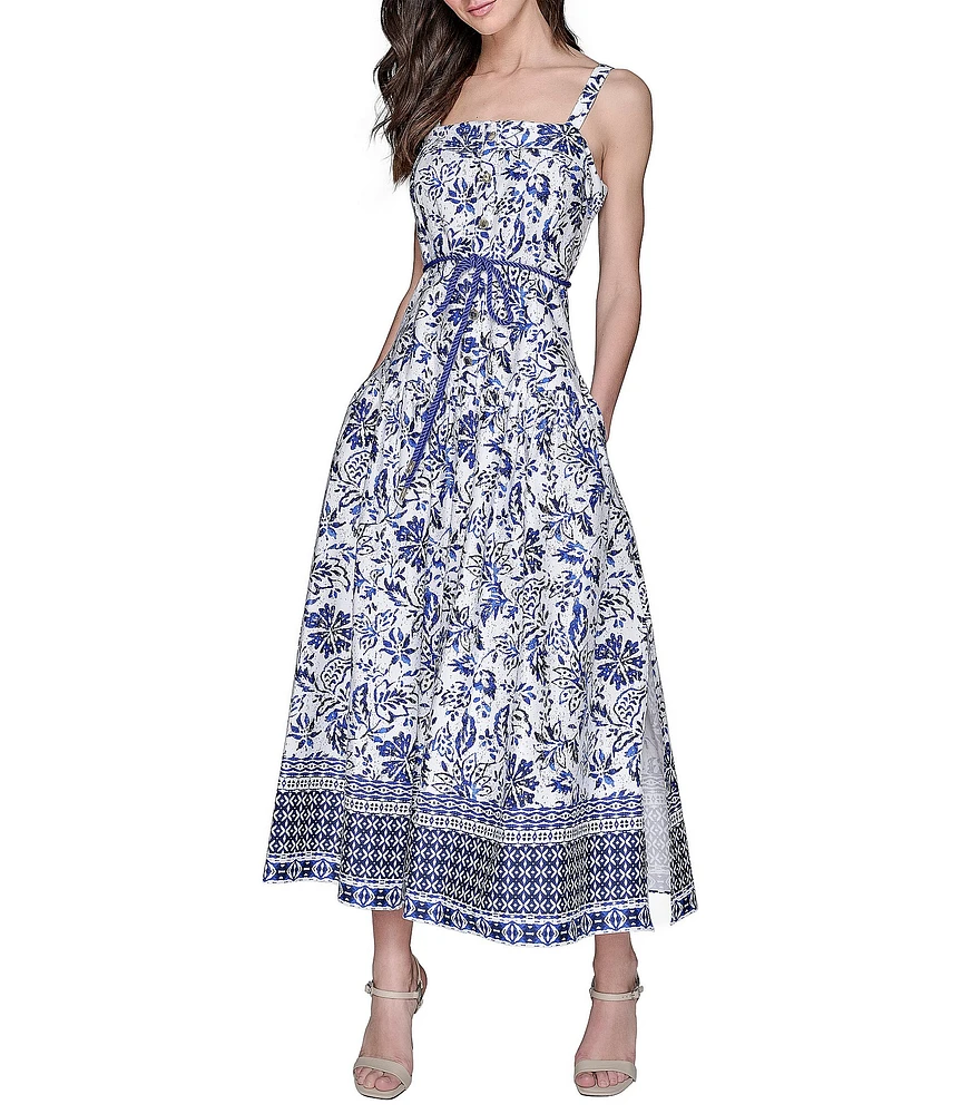 KARL LAGERFELD PARIS Floral Printed Square Neck Sleeveless A-Line Midi Dress