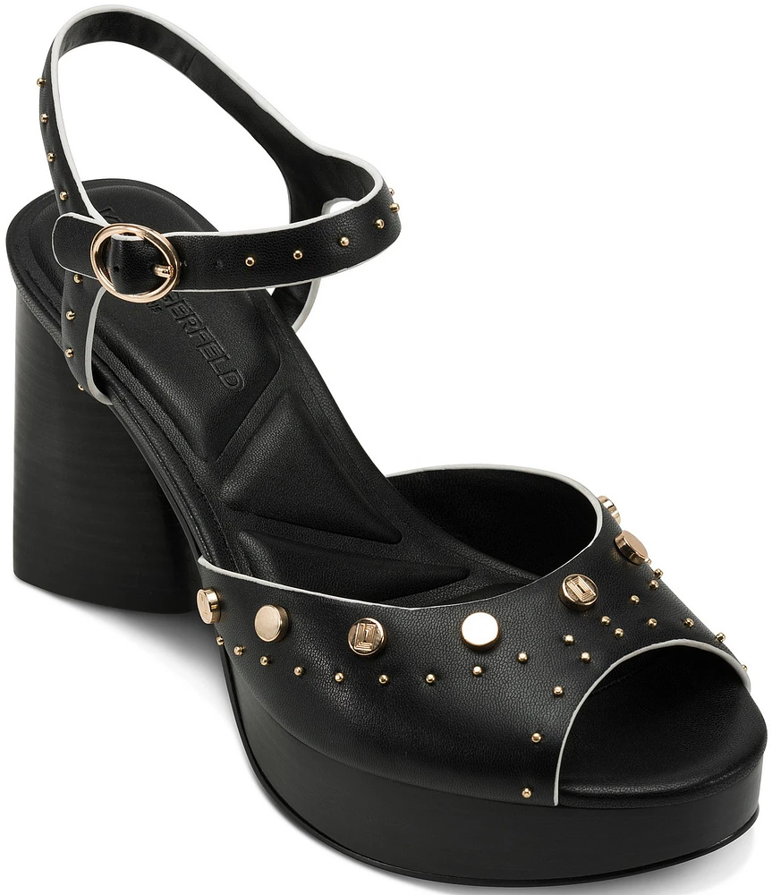 KARL LAGERFELD PARIS Hallet Studded Leather Ankle Strap Platform High Heel Sandals