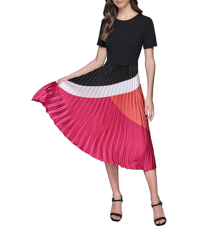 dark red knee length dress I.H.F Studio V-NECK FLARED CUFF KNEE LENGTH DRESS IN Black AND RED main image 1