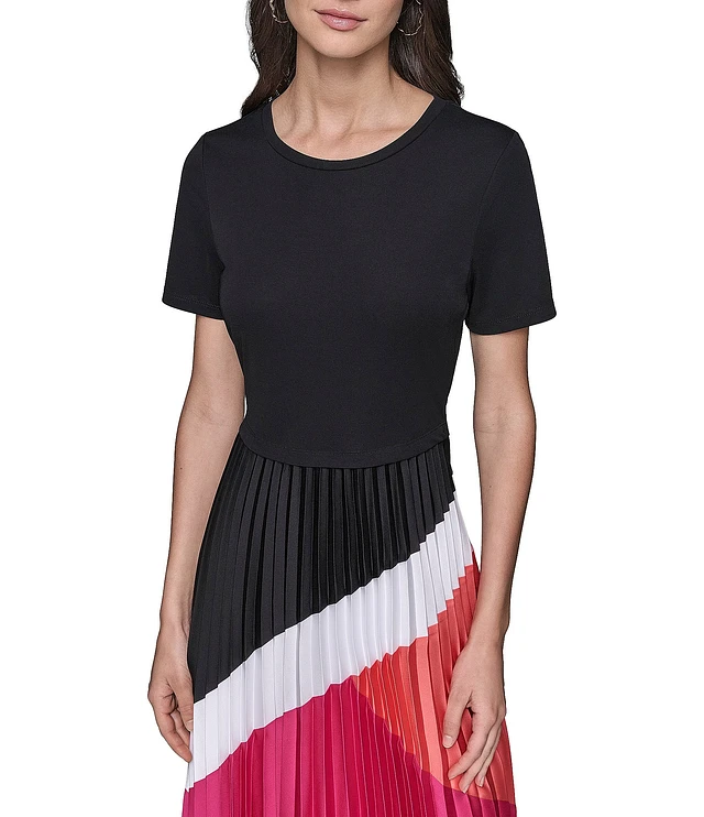 KARL LAGERFELD PARIS Jersey Satin Colorblock Print Crew Neck Short Sleeve Pleated Skirt Sheath Midi Dress | Liberty Center KARL LAGERFELD PARIS Jersey Satin Colorblock Print Crew Neck Short Sleeve Pleated Skirt Sheath Midi Dress | Liberty Center