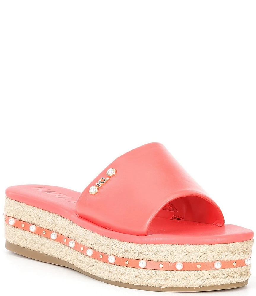 KARL LAGERFELD PARIS Kitrell Leather Pearl Studded Platform Espadrille Slides
