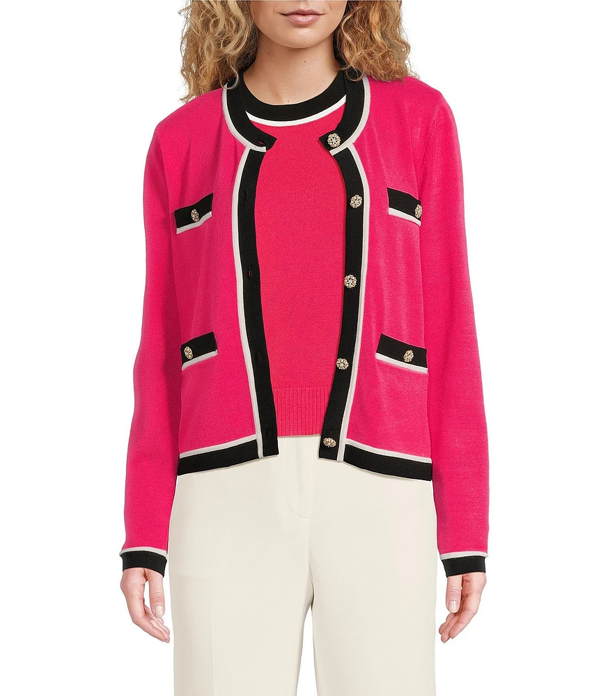 KARL LAGERFELD PARIS Knit Crew Neck Long Sleeve Embellished Button-Front Cardigan