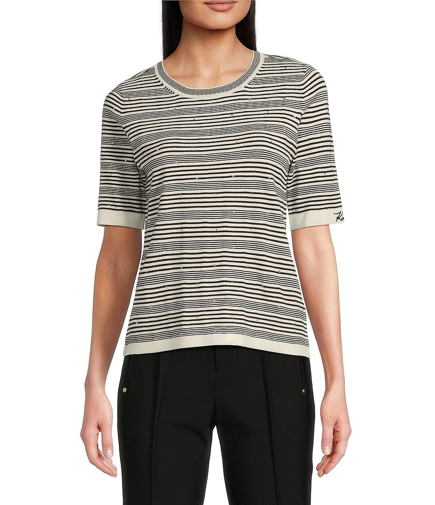KARL LAGERFELD PARIS Knit Stripe Crew Neck Short Sleeve Contrast Trim Sweater