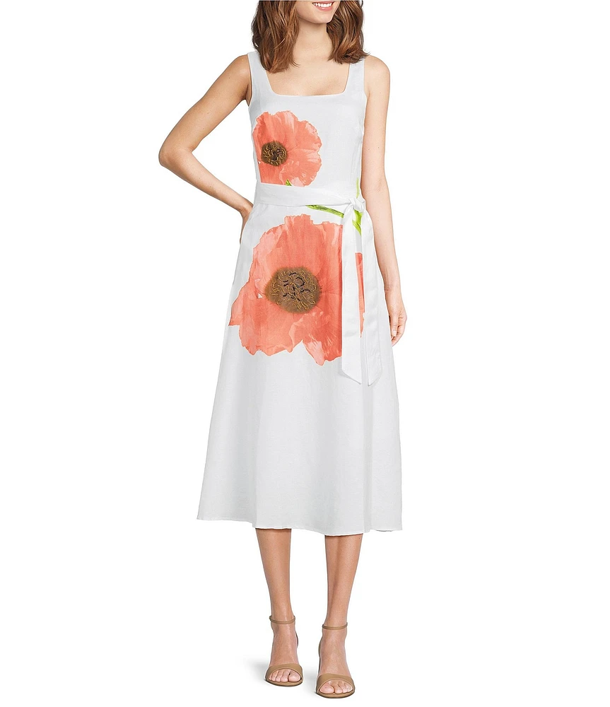 KARL LAGERFELD PARIS Linen Blend Floral Print Square Neck Sleeveless A-Line Midi Dress