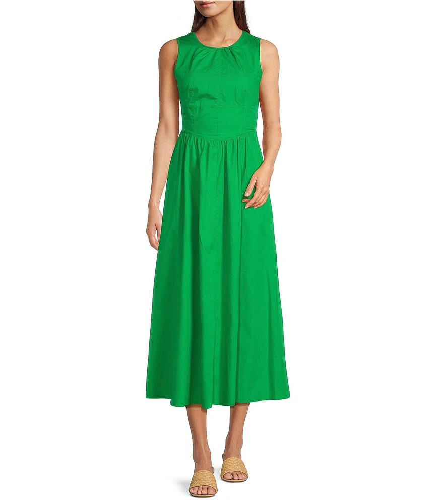KARL LAGERFELD PARIS Poplin Round Neck Sleeveless A-Line Midi Dress