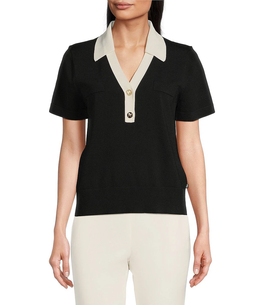 KARL LAGERFELD PARIS Ribbed Knit Polo Short Sleeve Sweater