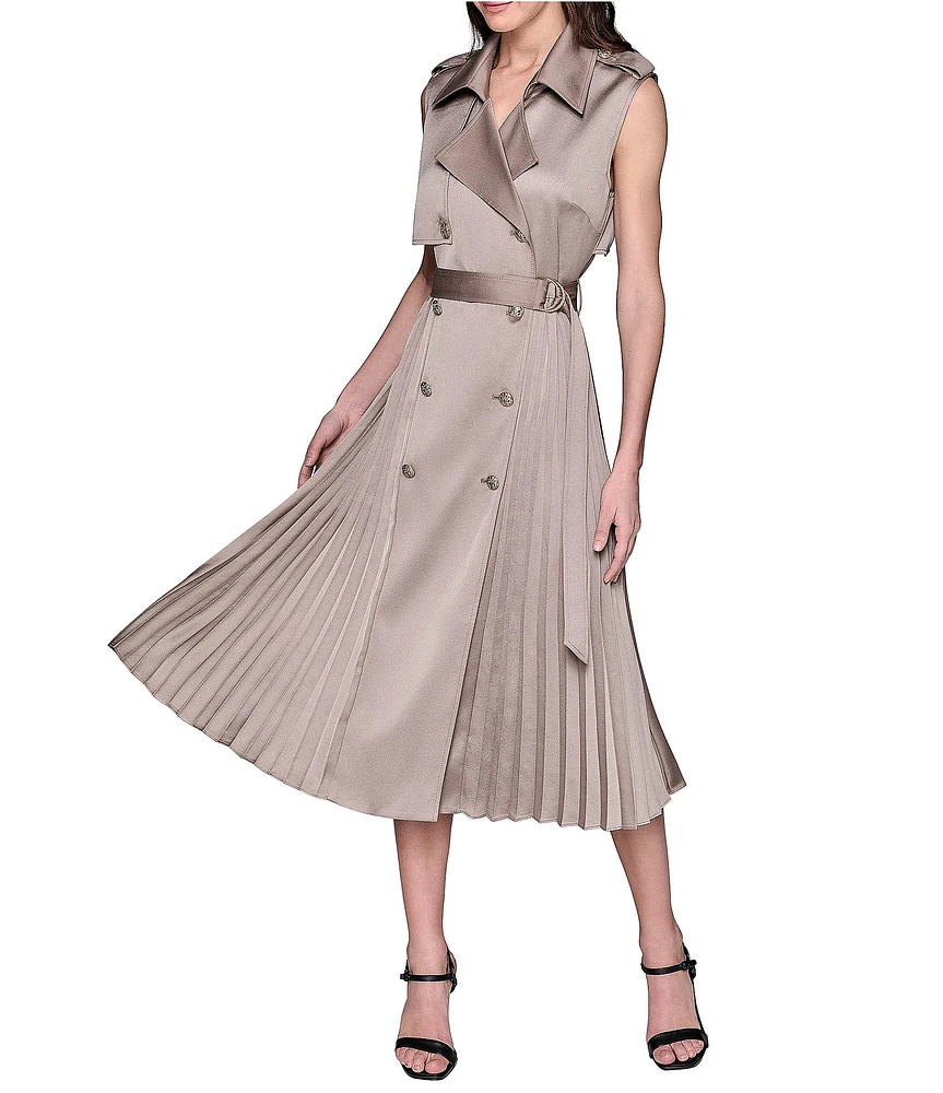 KARL LAGERFELD PARIS Satin Back Crepe Notch Collar Belted Pleated Shirt Midi Dress