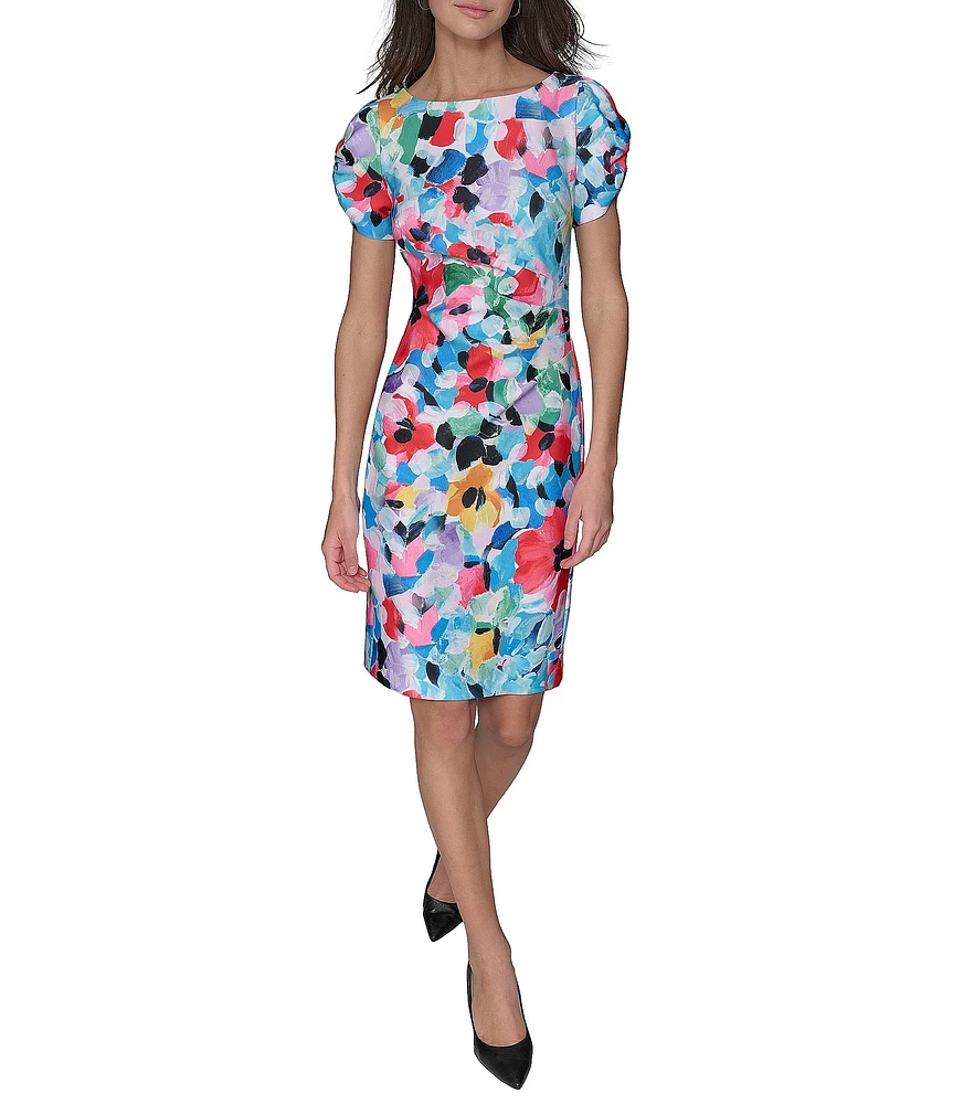 KARL LAGERFELD PARIS Scuba Floral Print Crew Neck Short Sleeve Sheath Dress