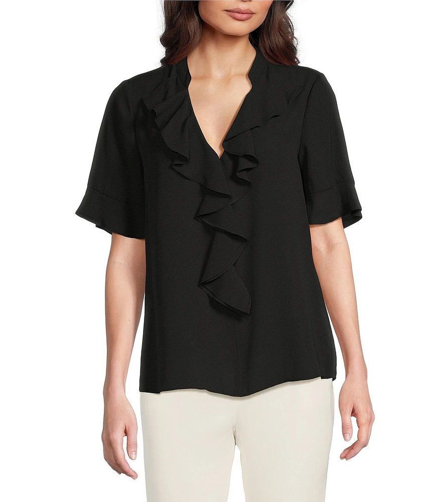 KARL LAGERFELD PARIS Short Sleeve Ruffle Front V-Neck Blouse