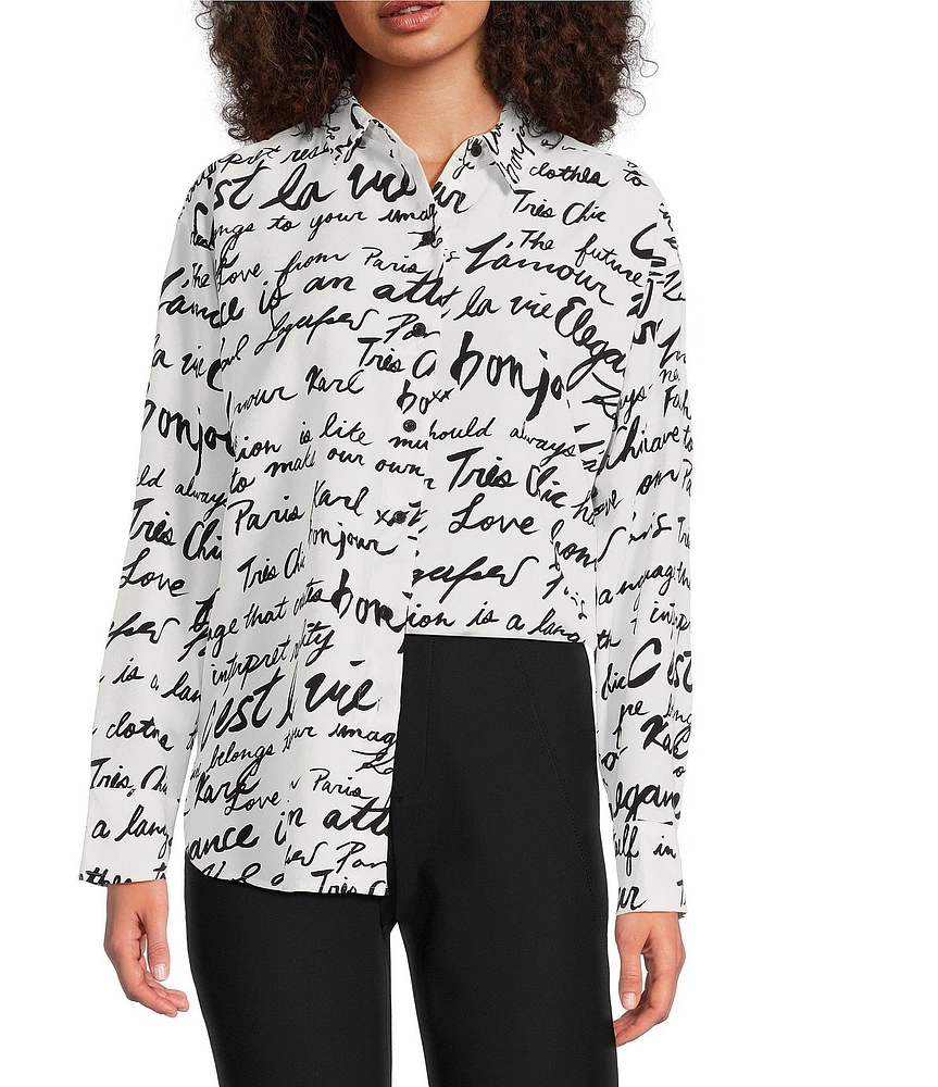 KARL LAGERFELD PARIS Silky Crepe Sketch Print Point Collar Long Sleeve Button-Front Blouse