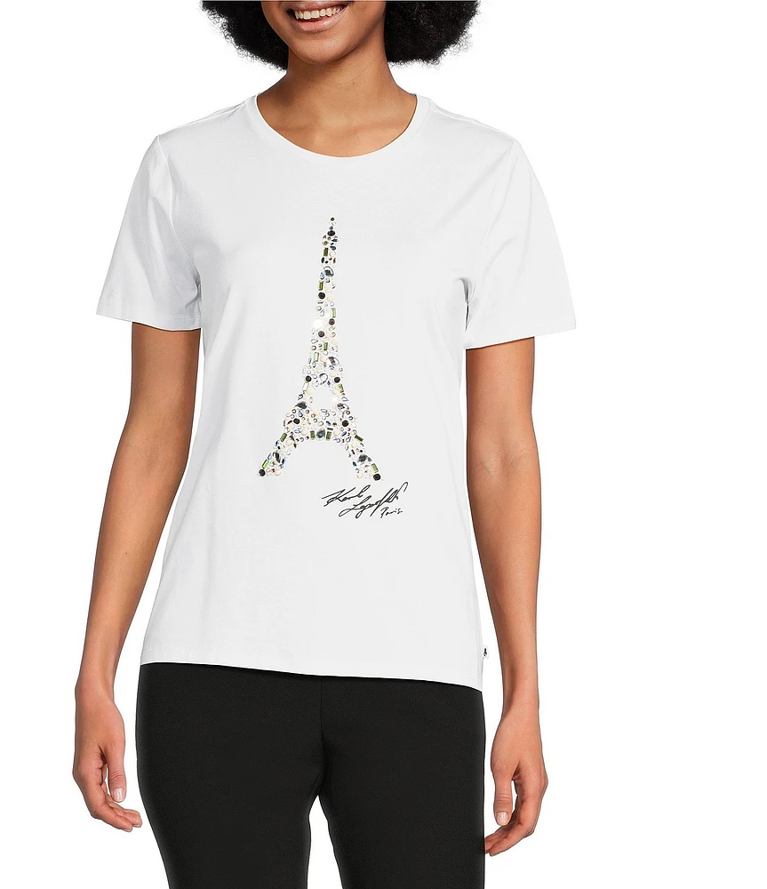 KARL LAGERFELD PARIS Stretch Knit Crew Neck Short Sleeve Crystal Eifel Tower Graphic Tee