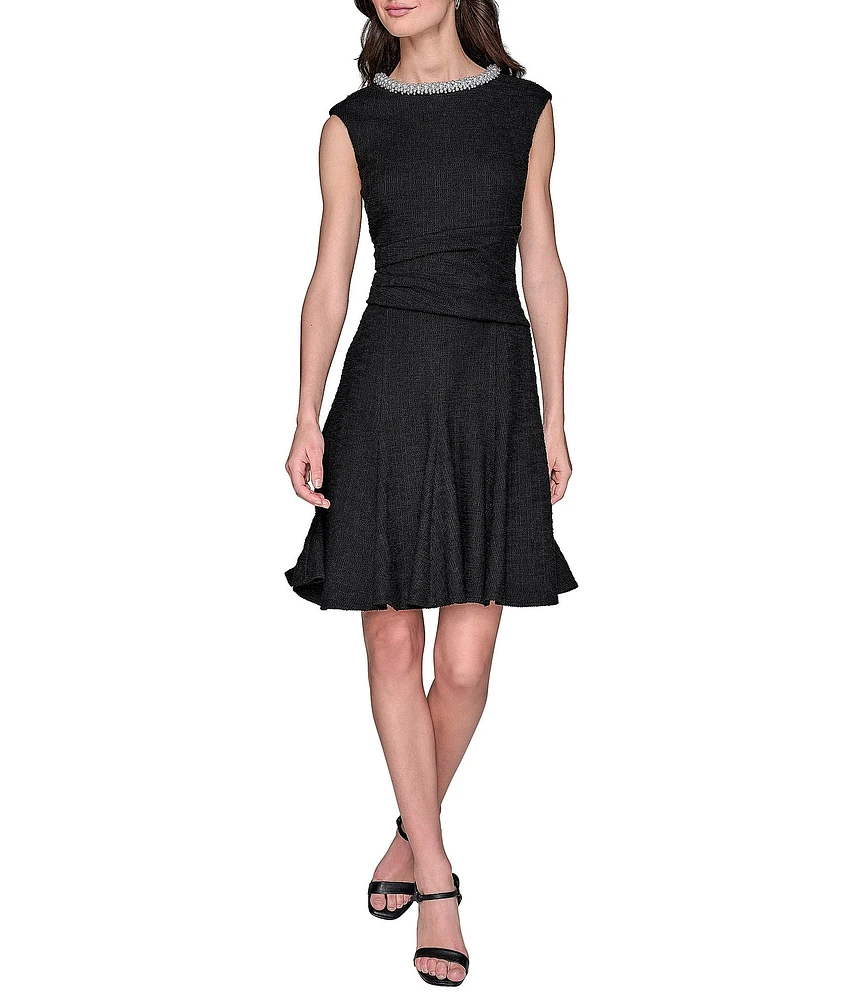 KARL LAGERFELD PARIS Stretch Texture Tweed Crew Neck Cap Sleeves Embellished Fit & Flare Midi Dress