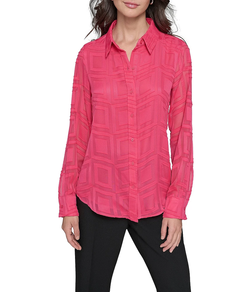 KARL LAGERFELD PARIS Textured Geometric Pattern Spread Collar Long Sleeve Button Front Blouse