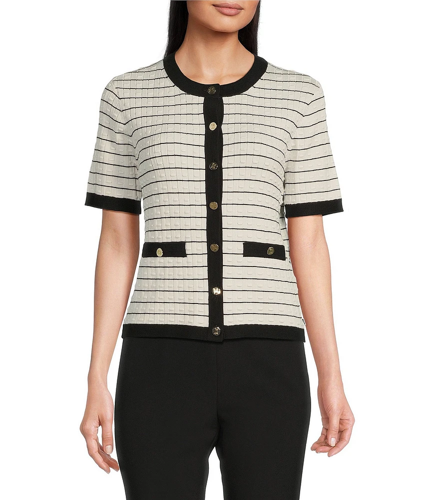 KARL LAGERFELD PARIS Knit Stripe Print Crew Neck Short Sleeve Sweater