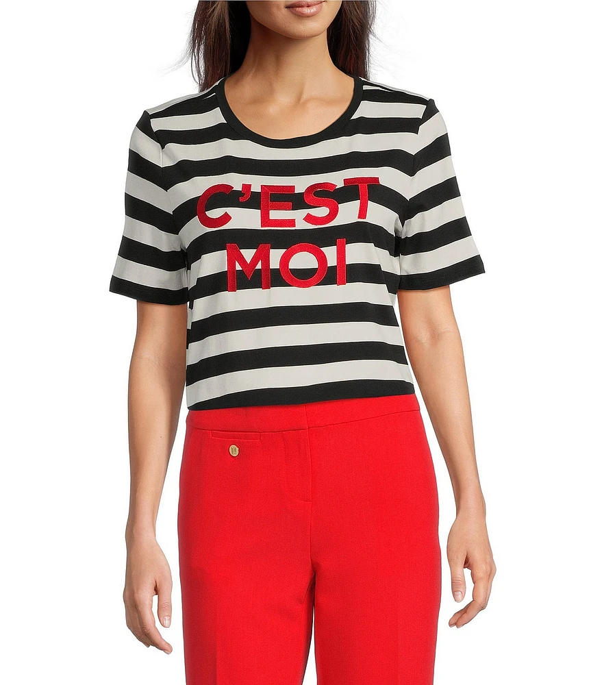 KARL LAGERFELD PARIS Stretch Knit Stripe Print Crew Neck Short Sleeves Tee
