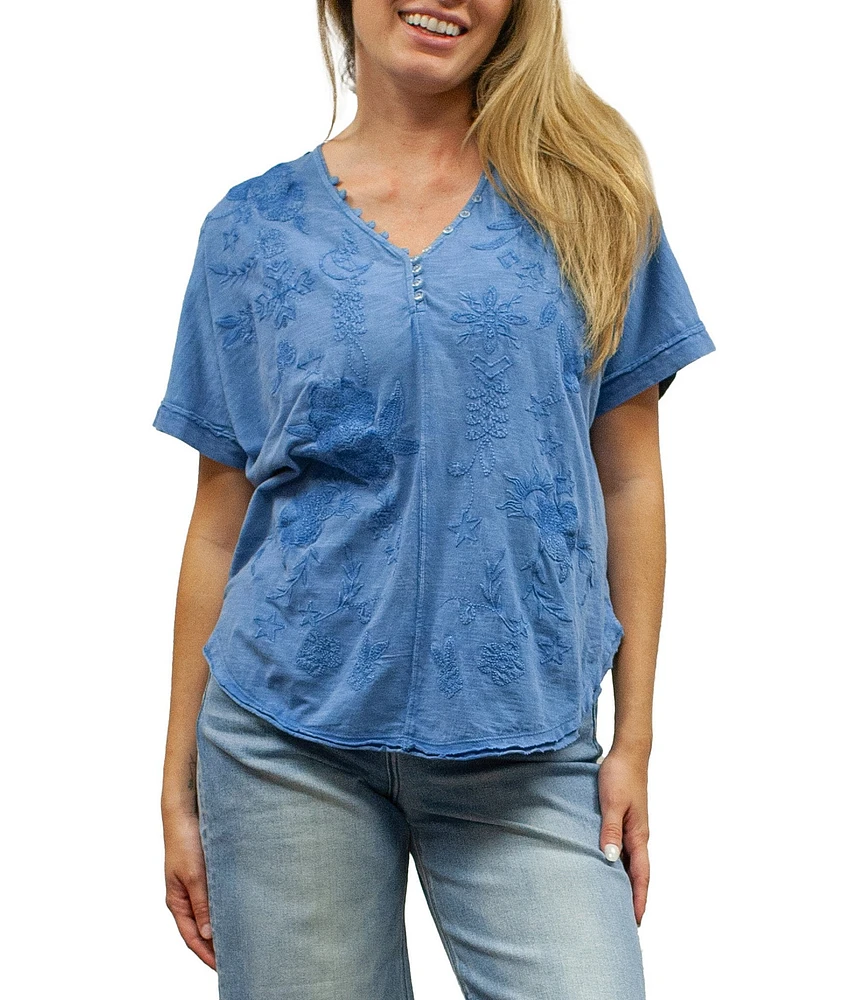 Karyn Seo Alegra Floral Embroidered Button V-Neck Dolman Short Sleeve Tee