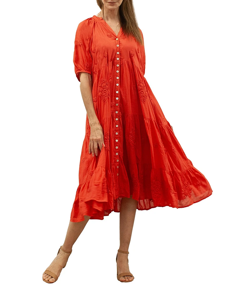 Karyn Seo Floral Embroidered V-Neck Short Sleeve Pocketed A-Line Midi Dress