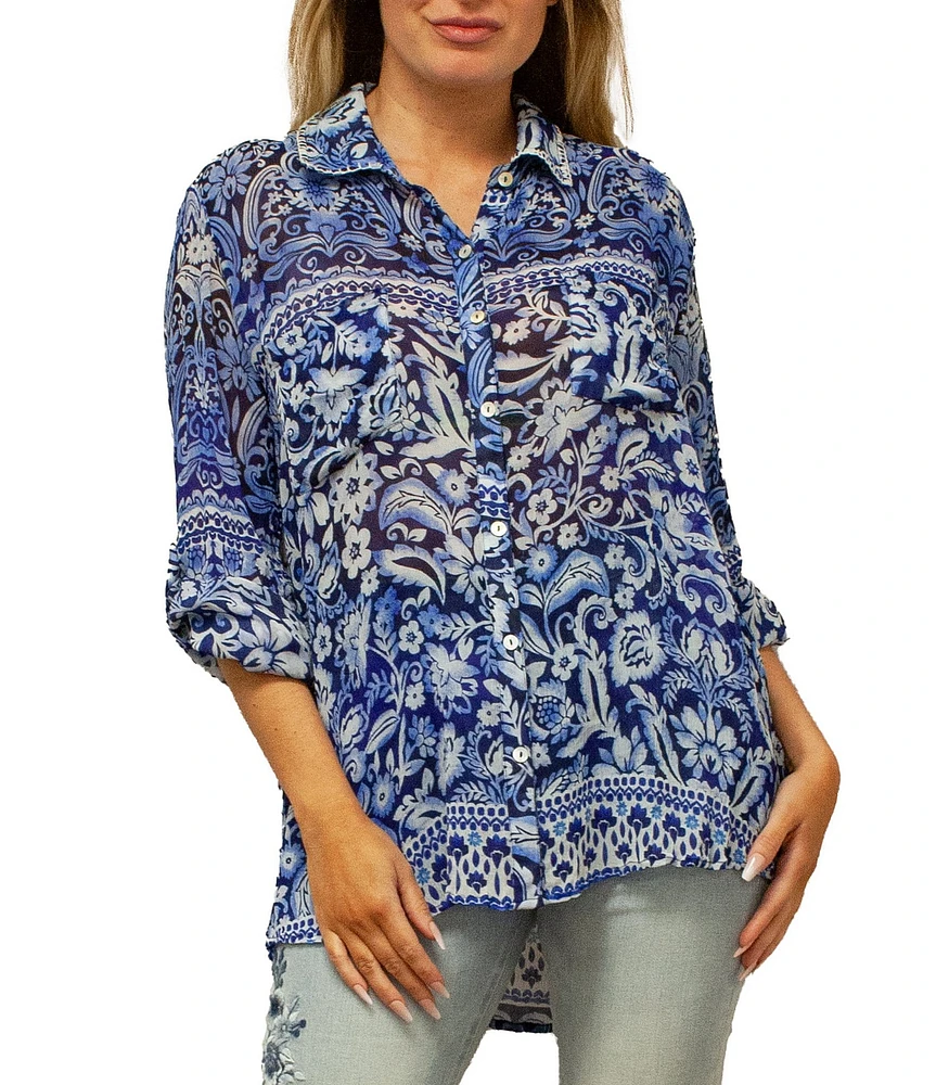Karyn Seo Holly Bohemian Print Chiffon Spread Collar Long Sleeve Button Front Shirt