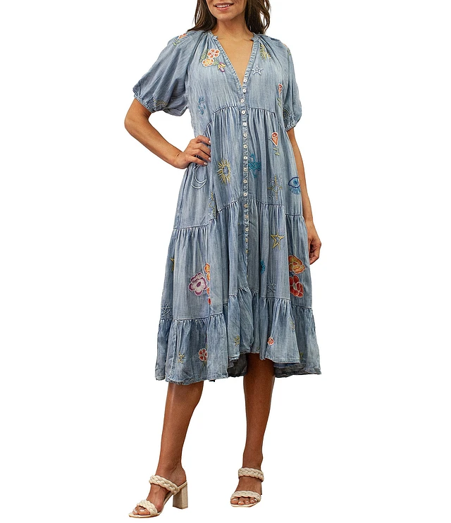 Karyn Seo Josie Embroidered Chambray V-Neck Short Sleeve Tiered Midi Dress 