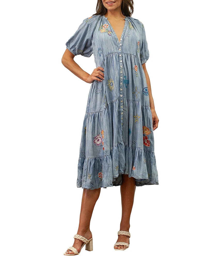 Karyn Seo Josie Embroidered Chambray V-Neck Short Sleeve Tiered Midi Dress