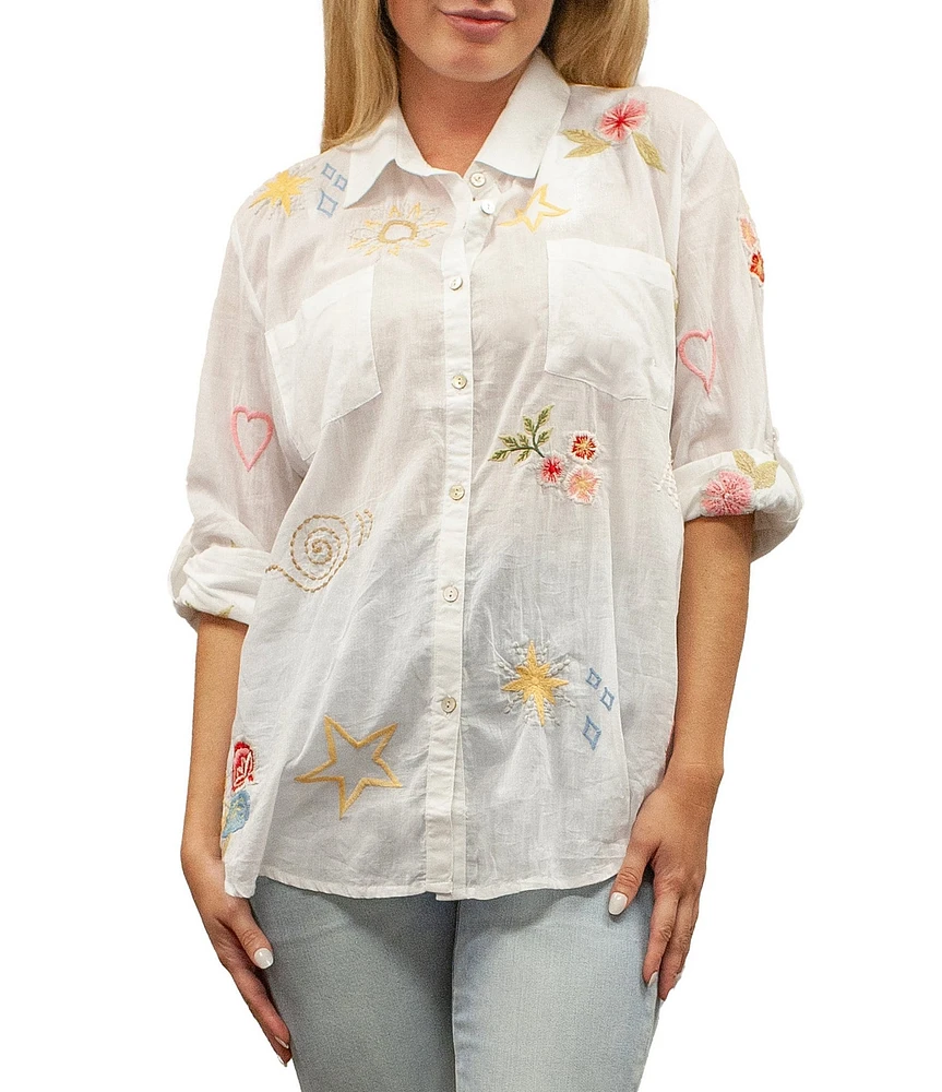 Karyn Seo Rachelle Cotton Voile Doodle Embroidered Button Front Shirt