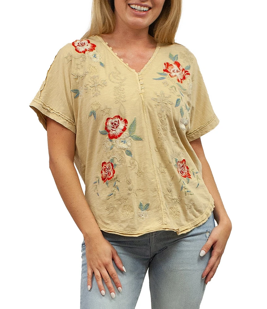 Karyn Seo Tessa Floral Embroidered Button V-Neck Dolman Short Sleeve Tee