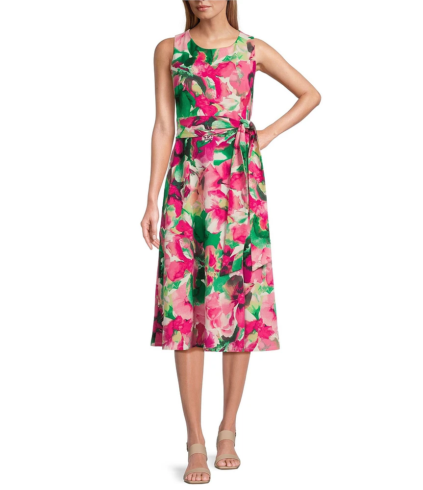 Kasper Abstract Floral Scuba Crepe Sleeveless Fit and Flare Midi Dress