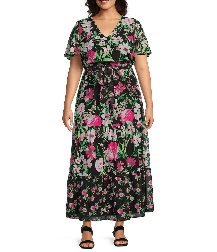 Kasper Plus Size Floral Chiffon Flutter Sleeve Tiered Dress