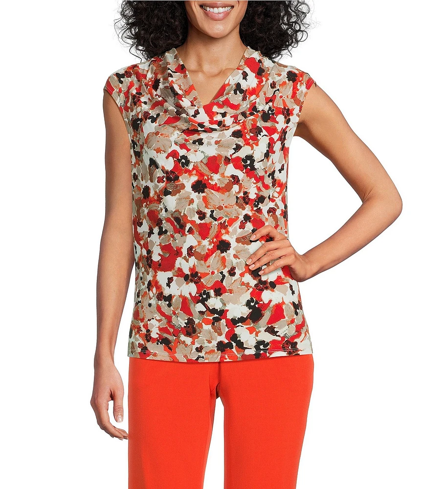 Kasper Printed Jersey Cowl Neck Cap Sleeve Top