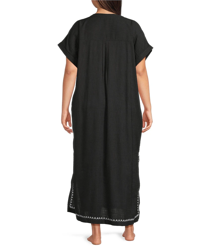 Kate Landry by Landry Plus Size Embroidered Trim Short Sleeve Split V-Neck Woven Caftan