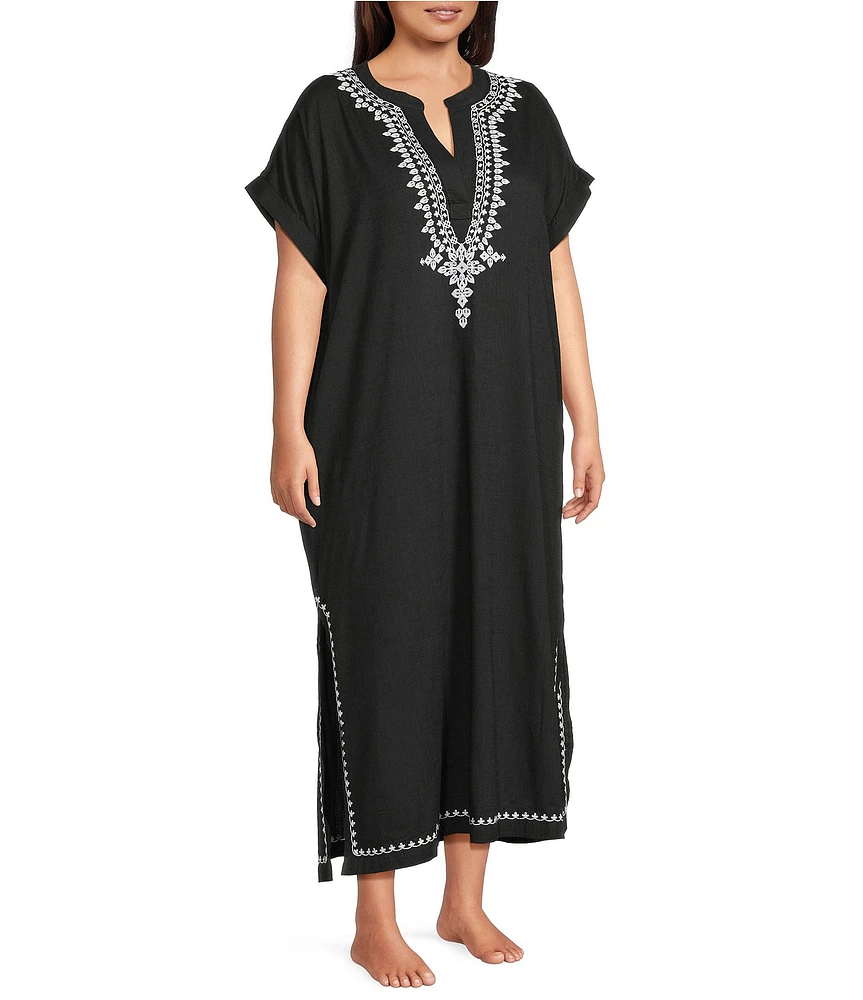 Kate Landry by Landry Plus Size Embroidered Trim Short Sleeve Split V-Neck Woven Caftan