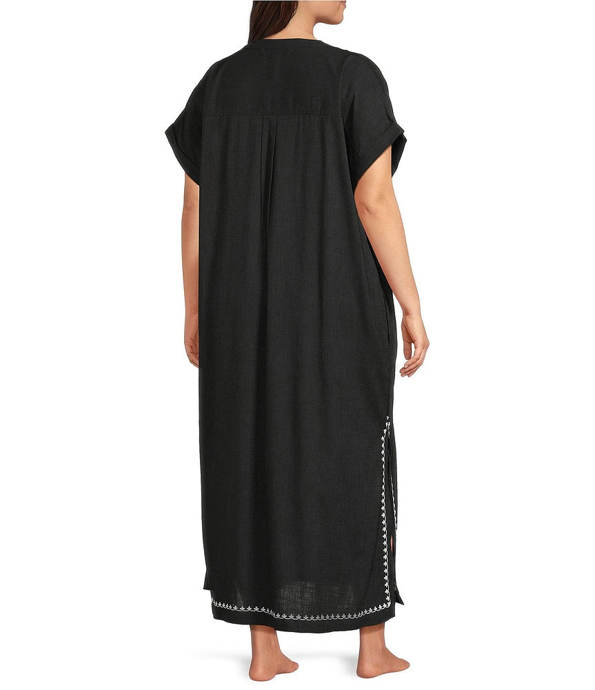 Kate Landry by Landry Plus Size Embroidered Trim Short Sleeve Split V-Neck Woven Caftan