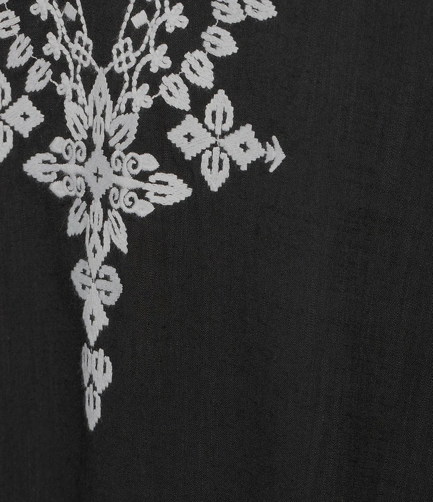 Kate Landry by Landry Plus Size Embroidered Trim Short Sleeve Split V-Neck Woven Caftan