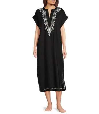 Kate Landry by Landry Embroidered Trim Short Sleeve Split V-Neck Woven Caftan