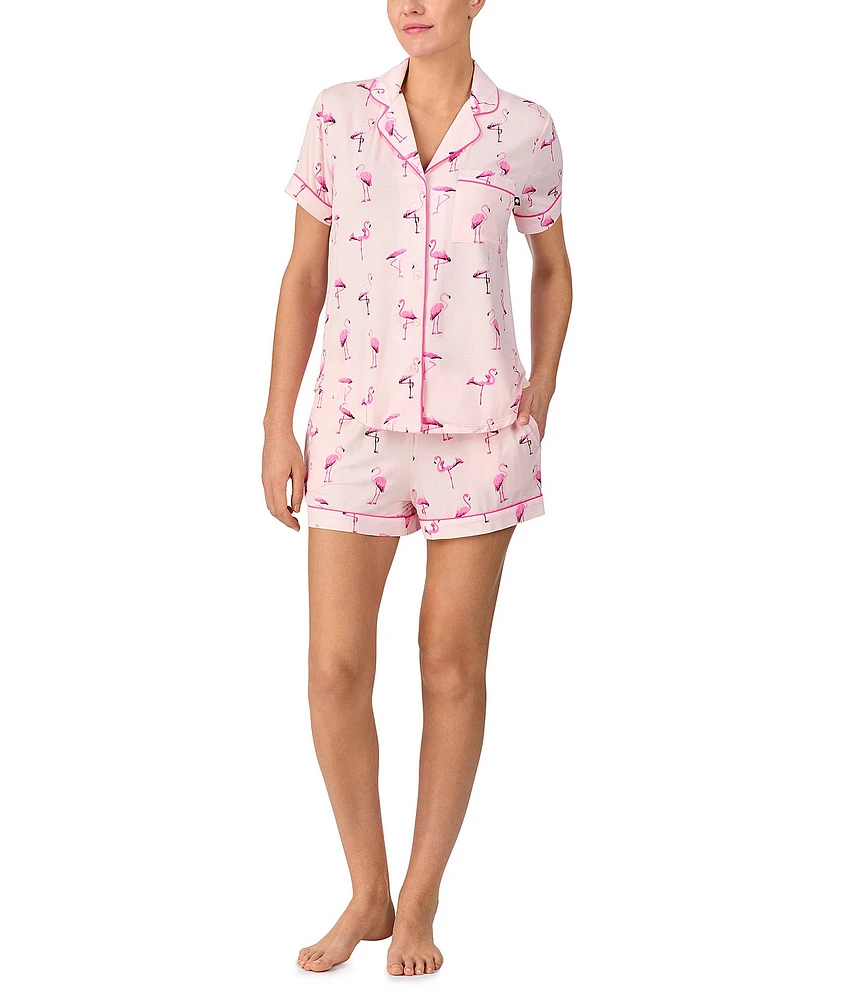 kate spade new york Flamingo Print Short Sleeve Notch Collar Knit Shorty Pajama Set