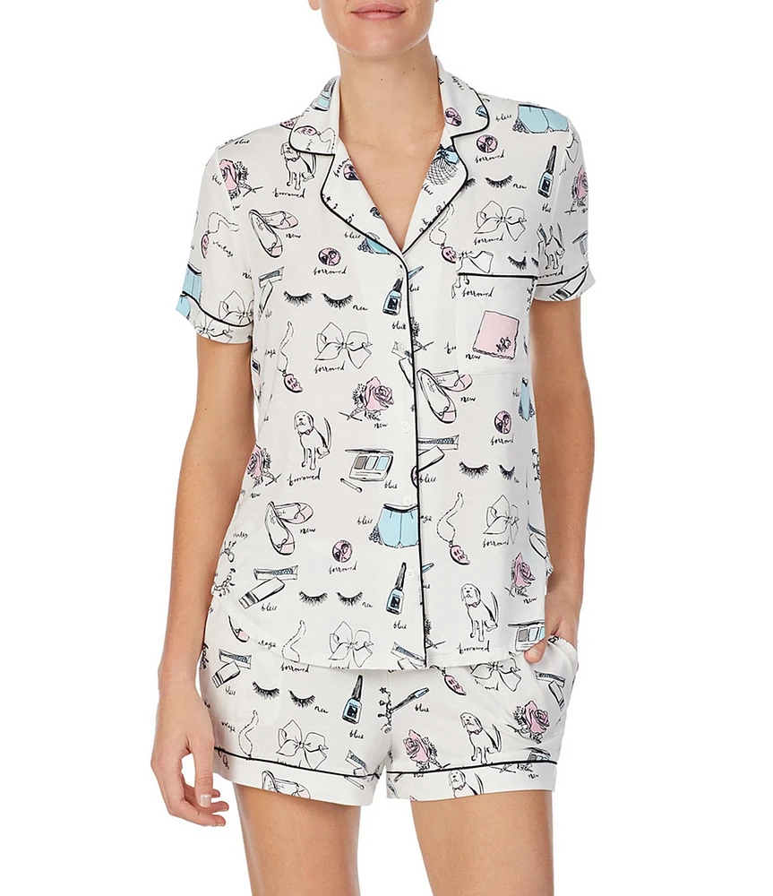 kate spade new york Printed Notch Collar Short Sleeve Jersey Knit Shorty Bridal Pajama Set