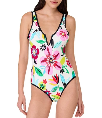kate spade new york Safari Floral V-Neck Open Back One Piece Swimsuit