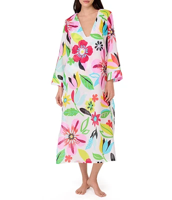 kate spade new york Safari Floral V-Neck Side Slit Caftan Swim Cover-Up